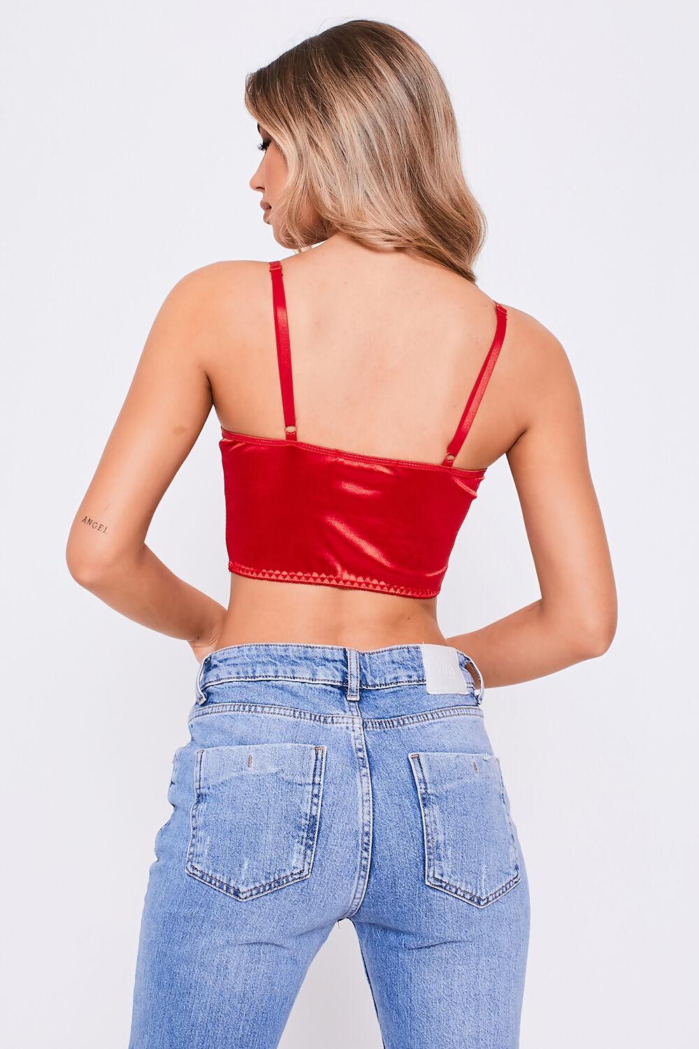 Saint Genies Coraline Red Satin Lace Trim Crop Top