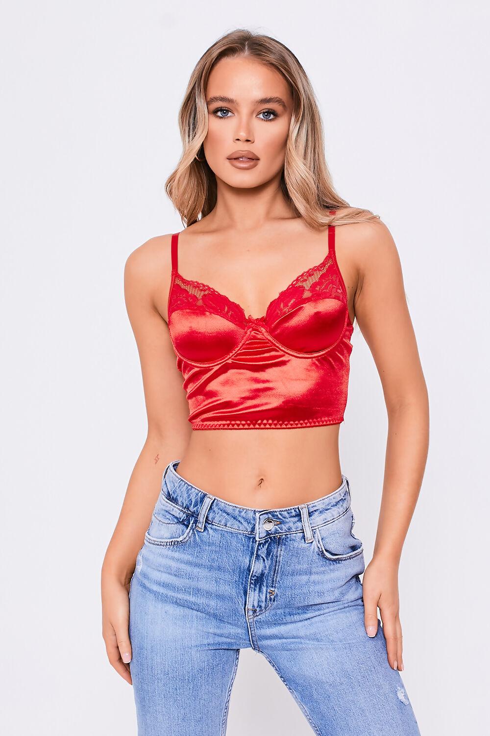 saint genies Coraline Red Satin Lace Trim Crop Top