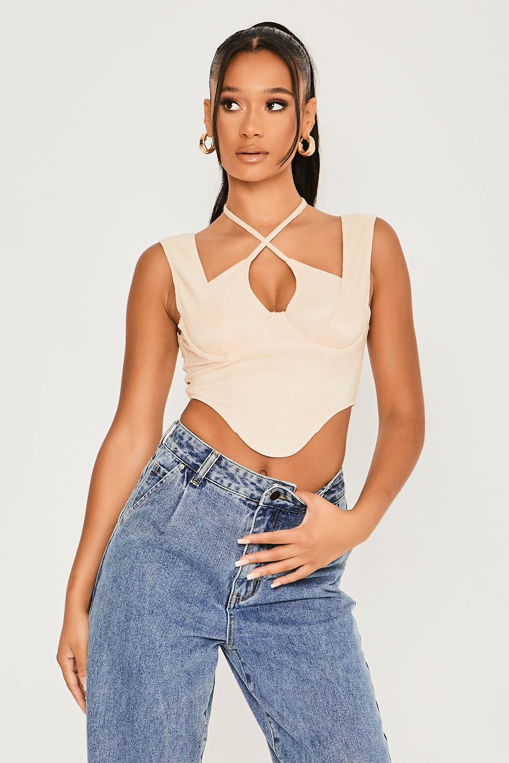 Saint Genies Evie Ecru Cross Neck Tie Corset Top