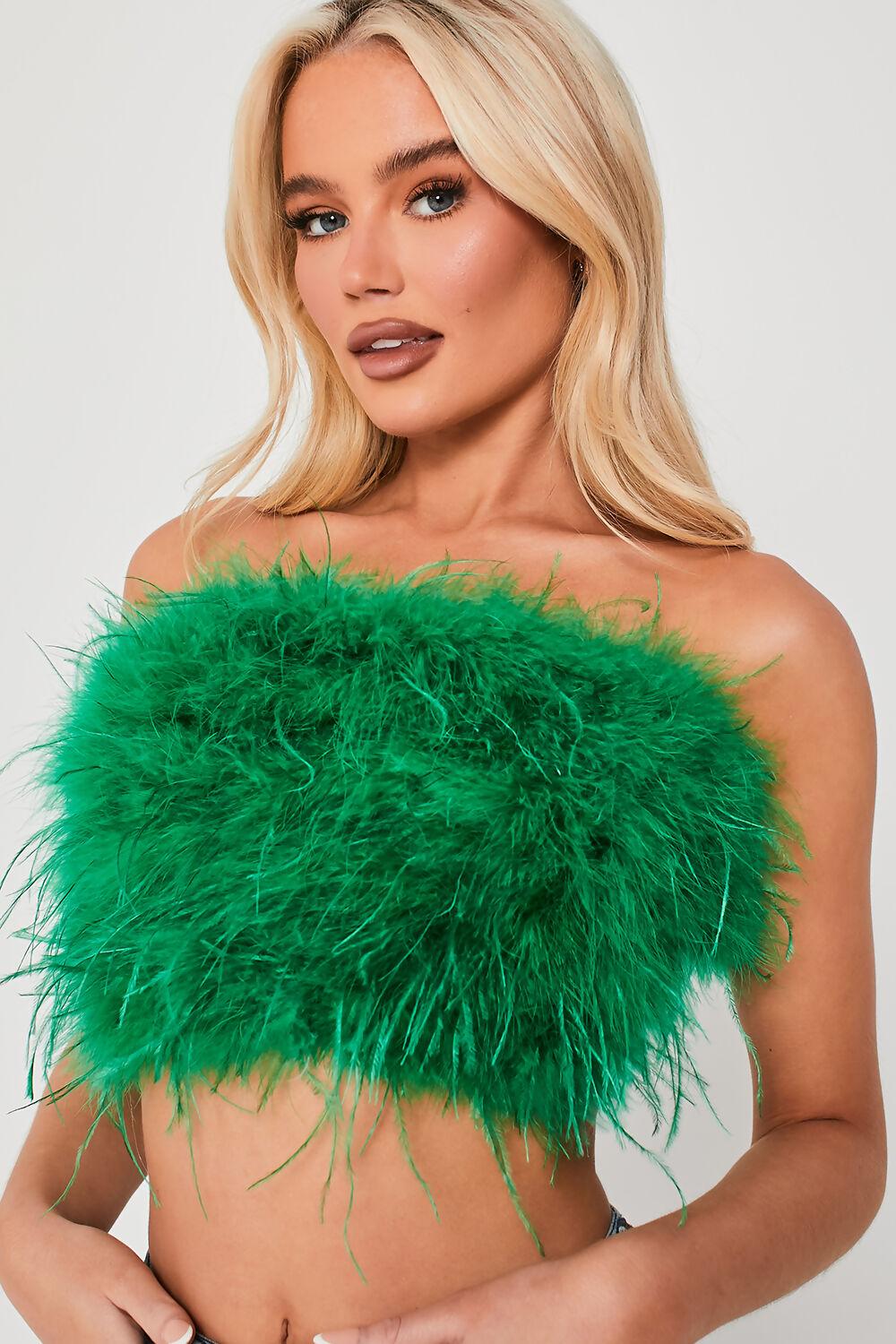 Saint Genies Mya Green Strapless Feather Crop Top