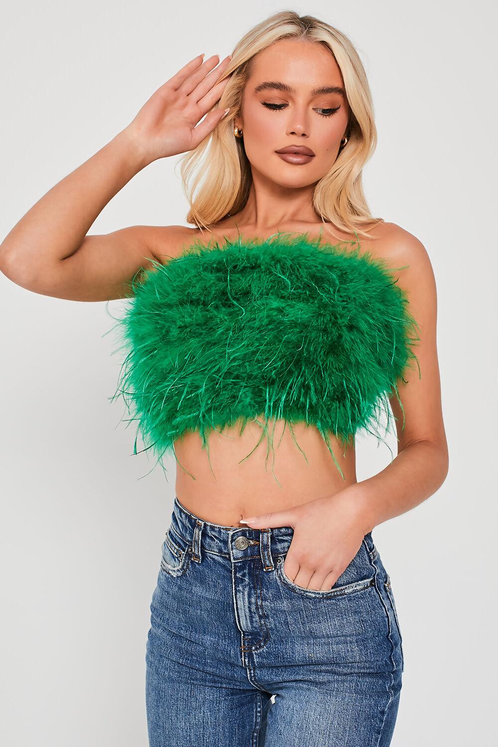 Saint Genies Mya Green Strapless Feather Crop Top