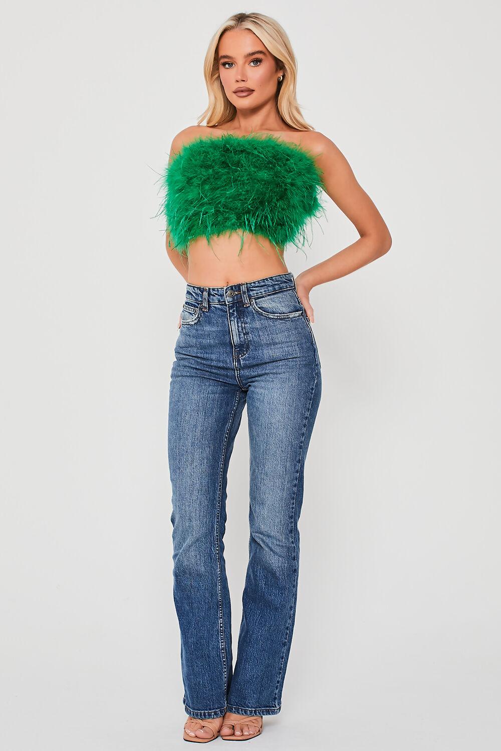 Saint Genies Mya Green Strapless Feather Crop Top