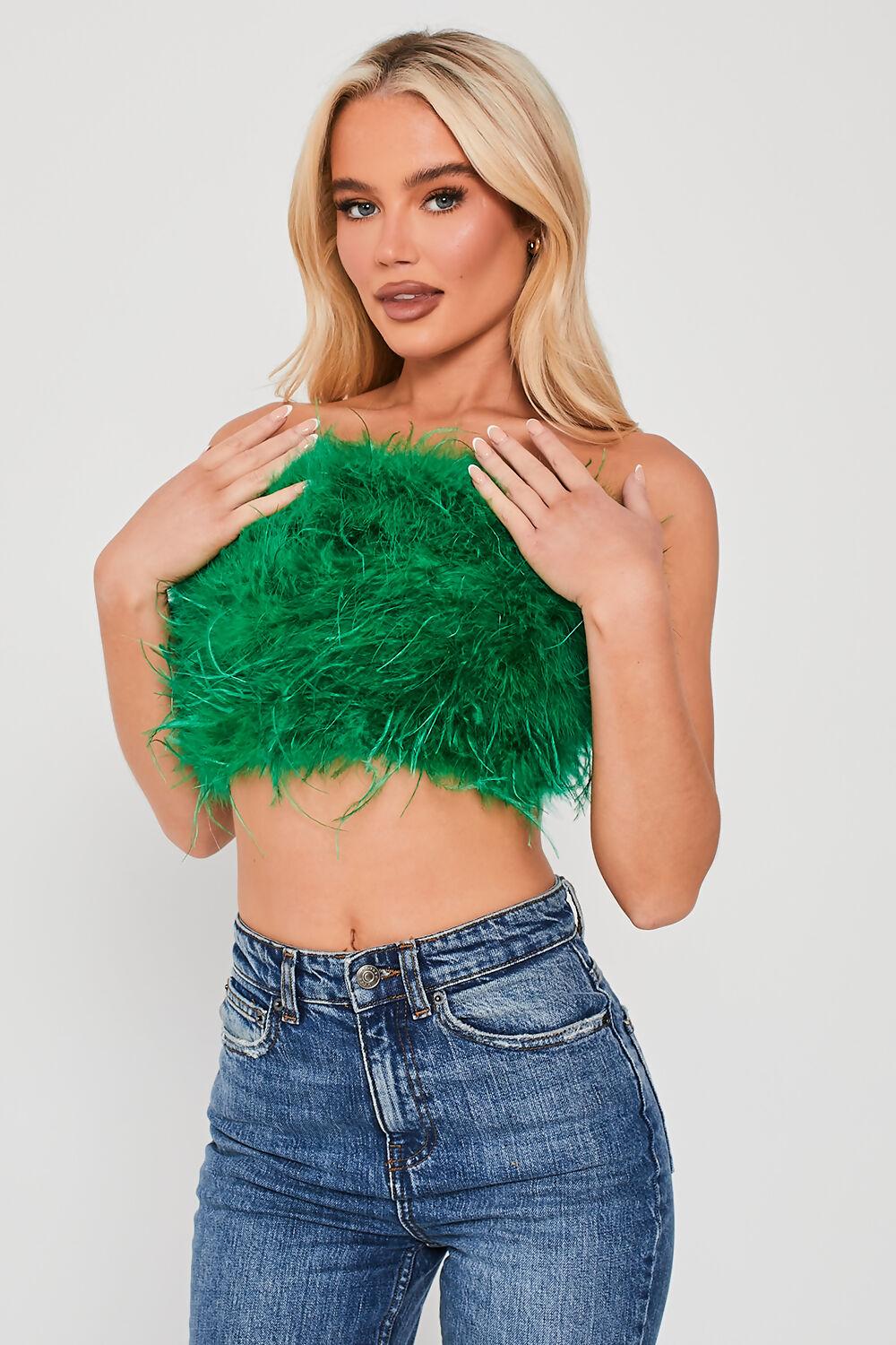 saint genies Mya Green Strapless Feather Crop Top