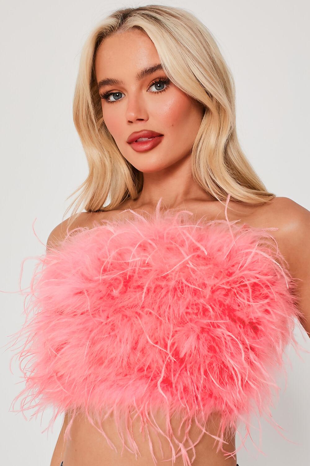 Saint Genies Mya Pink Strapless Feather Crop Top