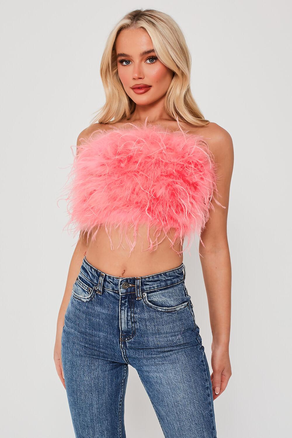 Saint Genies Mya Pink Strapless Feather Crop Top