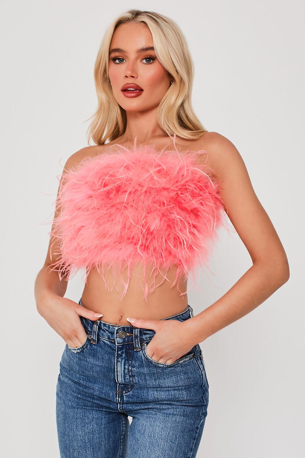 saint genies Mya Pink Strapless Feather Crop Top