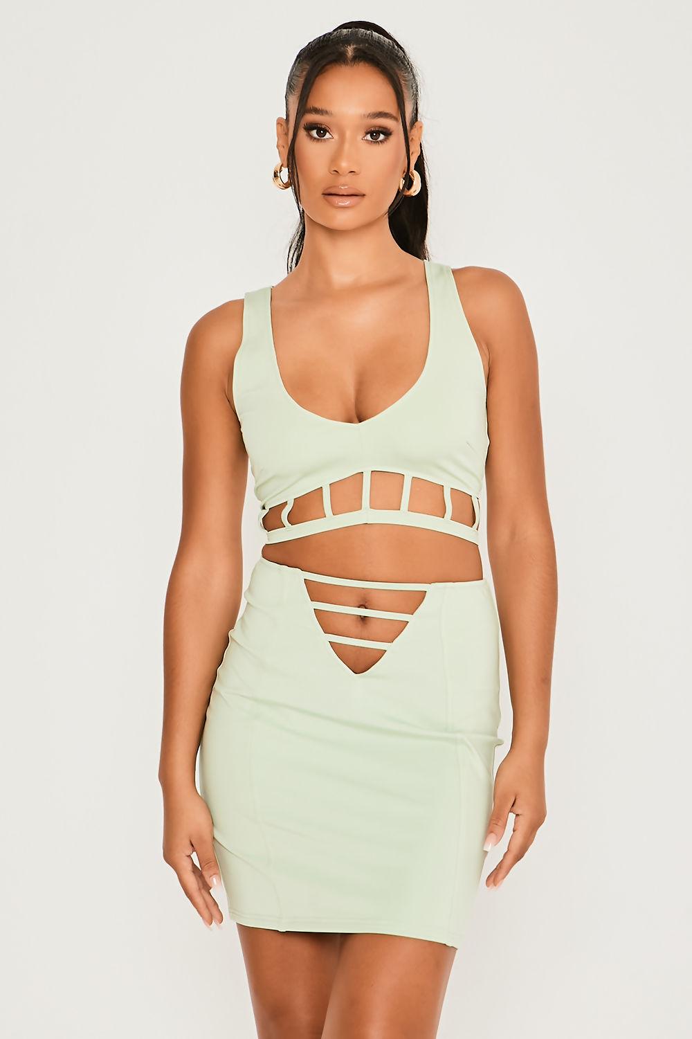 Saint Genies Phoebe Sage V-Cut Out Mini Skirt