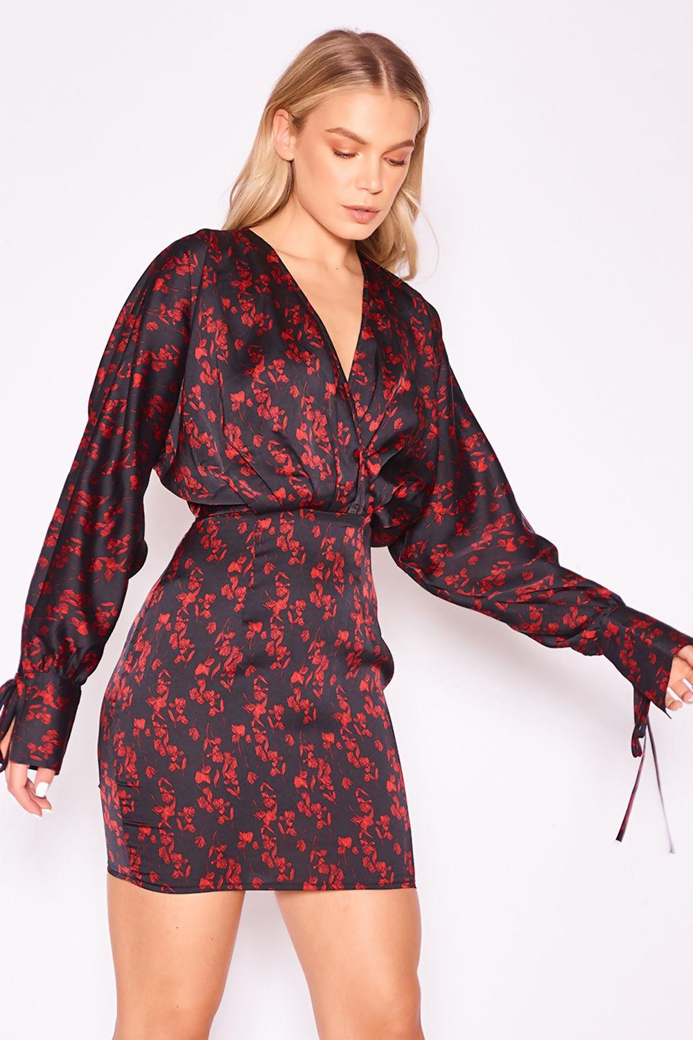 Saint Genies Sakinah Black Floral Wrap Front Batwing Sleeve Dress