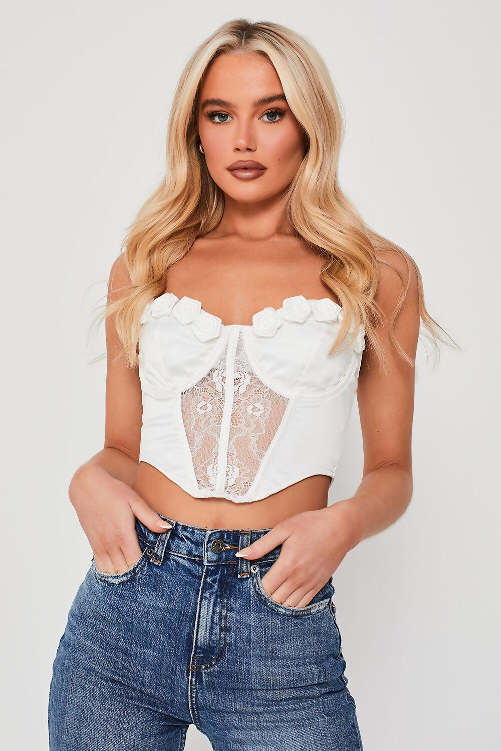 saint genies Samantha Ivory Floral Applique Lace Detail Crop Top
