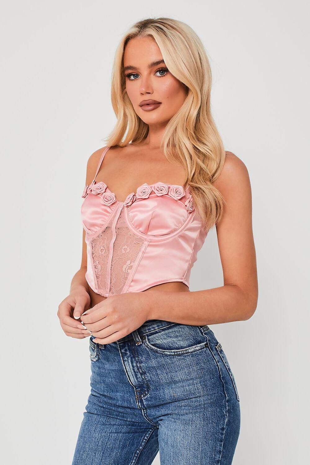 Saint Genies Samantha Pink Floral Applique Lace Detail Crop Top
