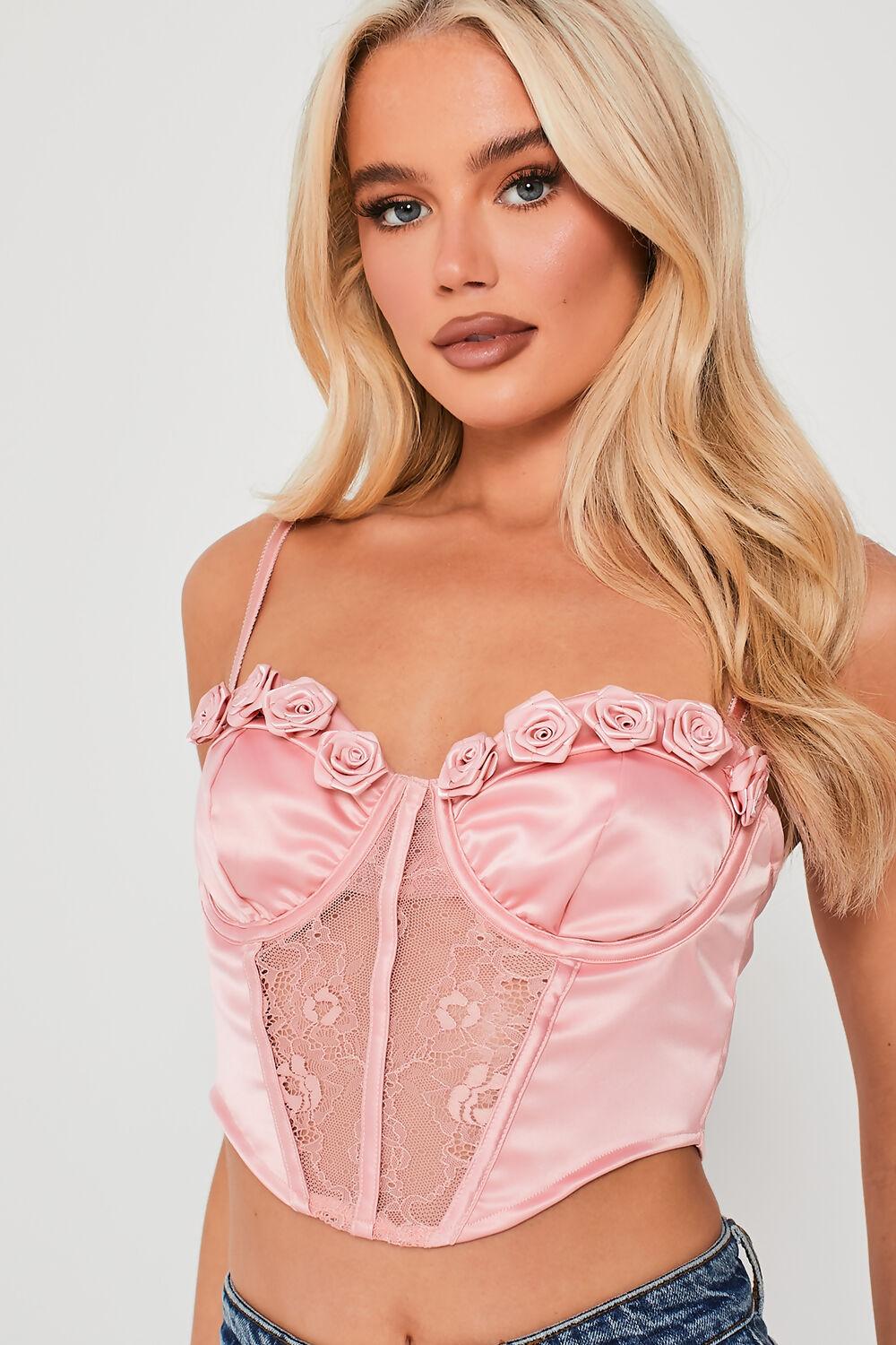 Saint Genies Samantha Pink Floral Applique Lace Detail Crop Top