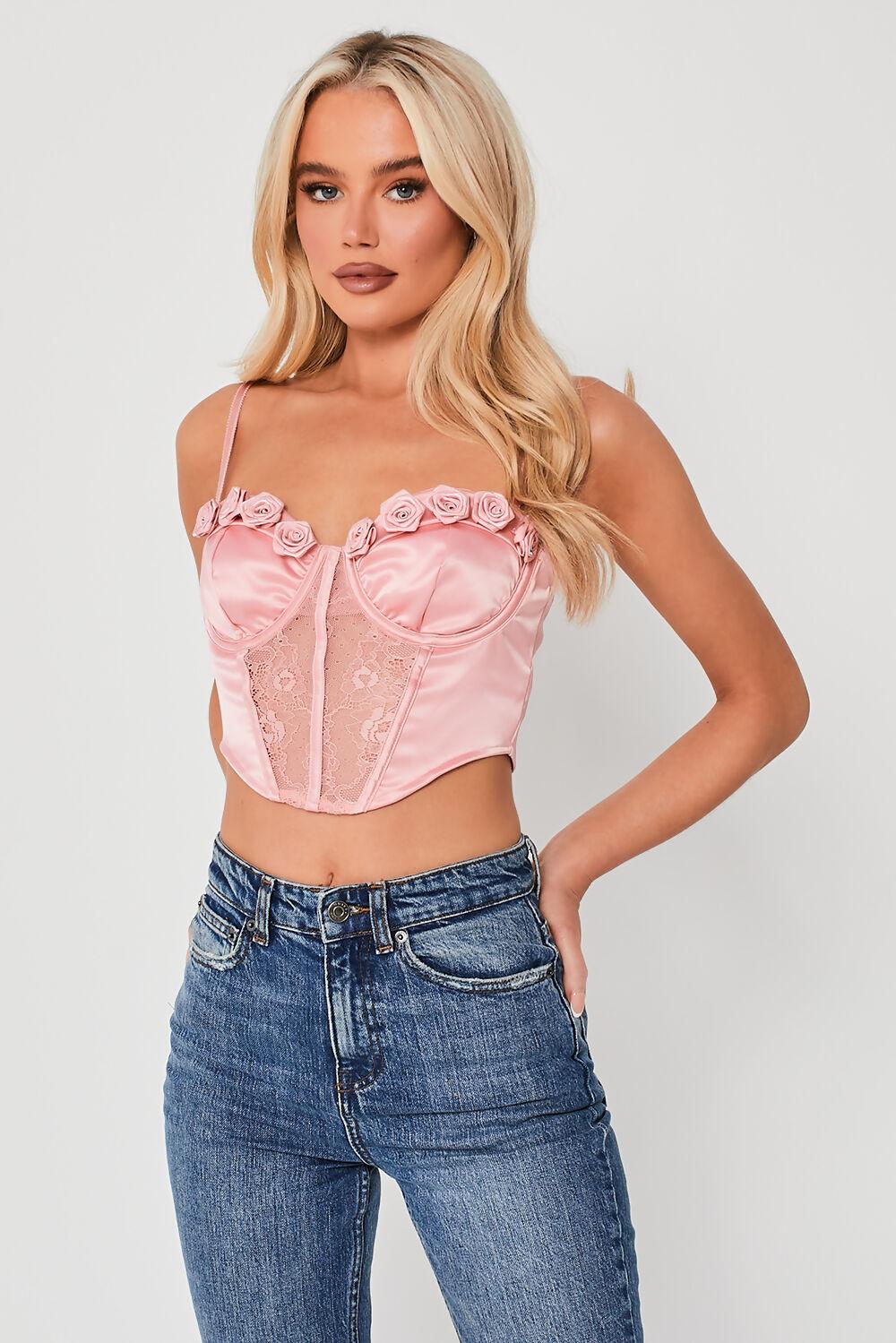 saint genies Samantha Pink Floral Applique Lace Detail Crop Top