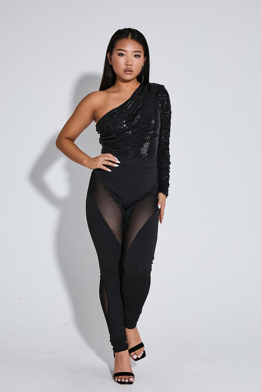 Saint Genies Sapphire Black Ruched One Shoulder Bodysuit