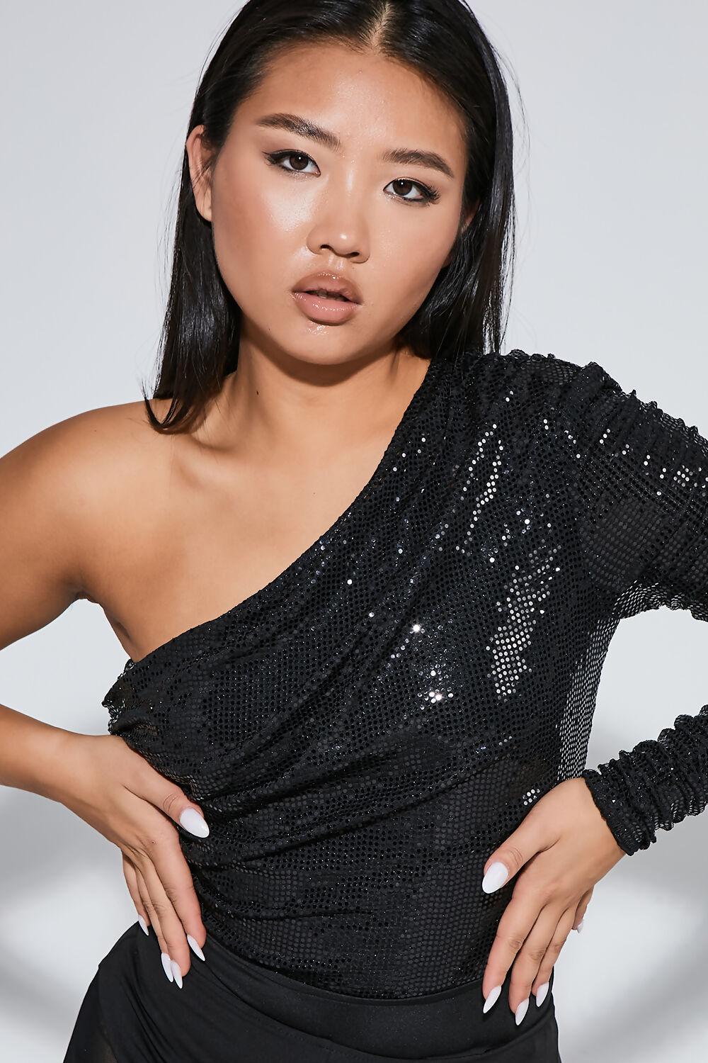 Saint Genies Sapphire Black Ruched One Shoulder Bodysuit