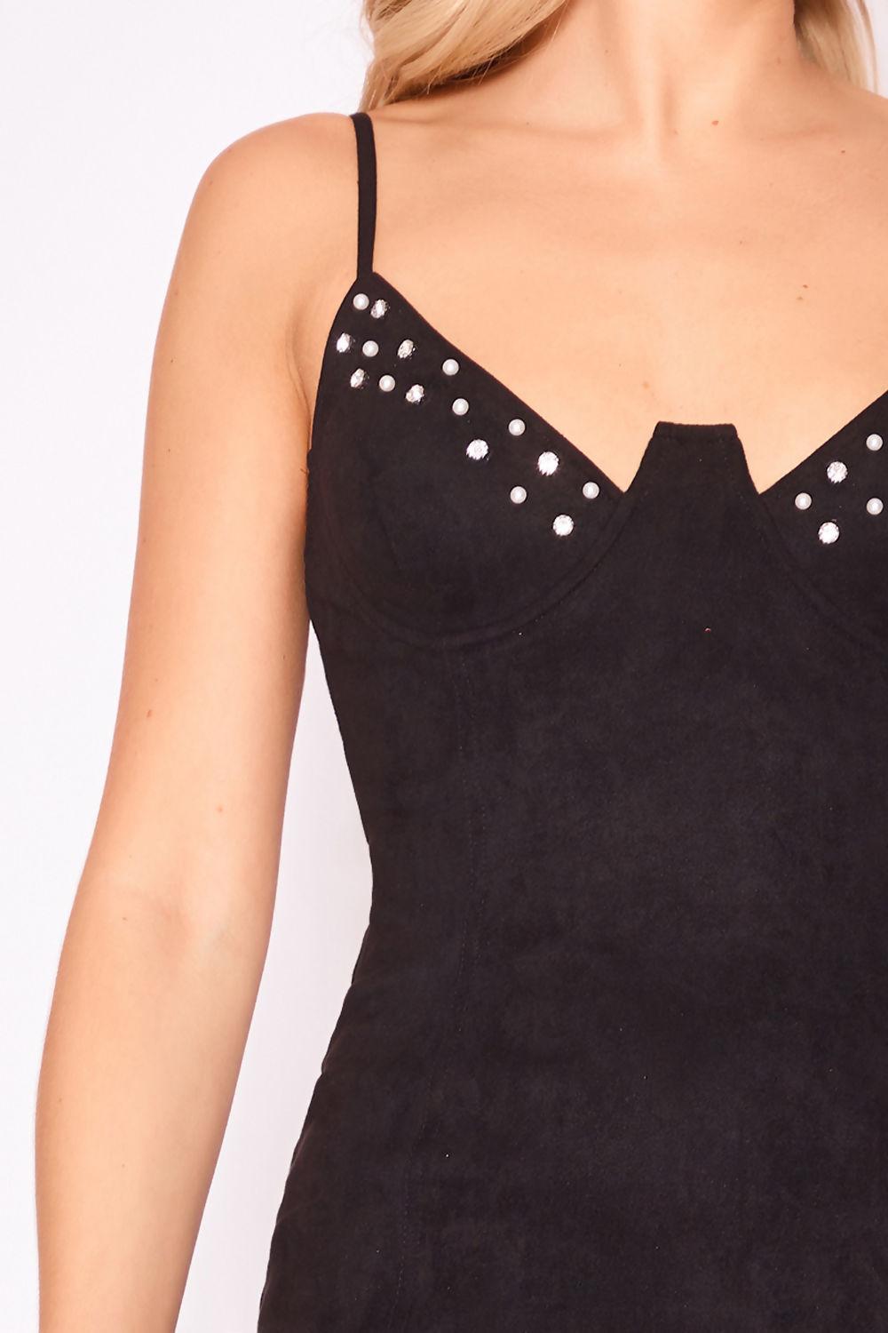 Saint Genies Scarlett Black Stretch Suede Embellished Underwired Dress