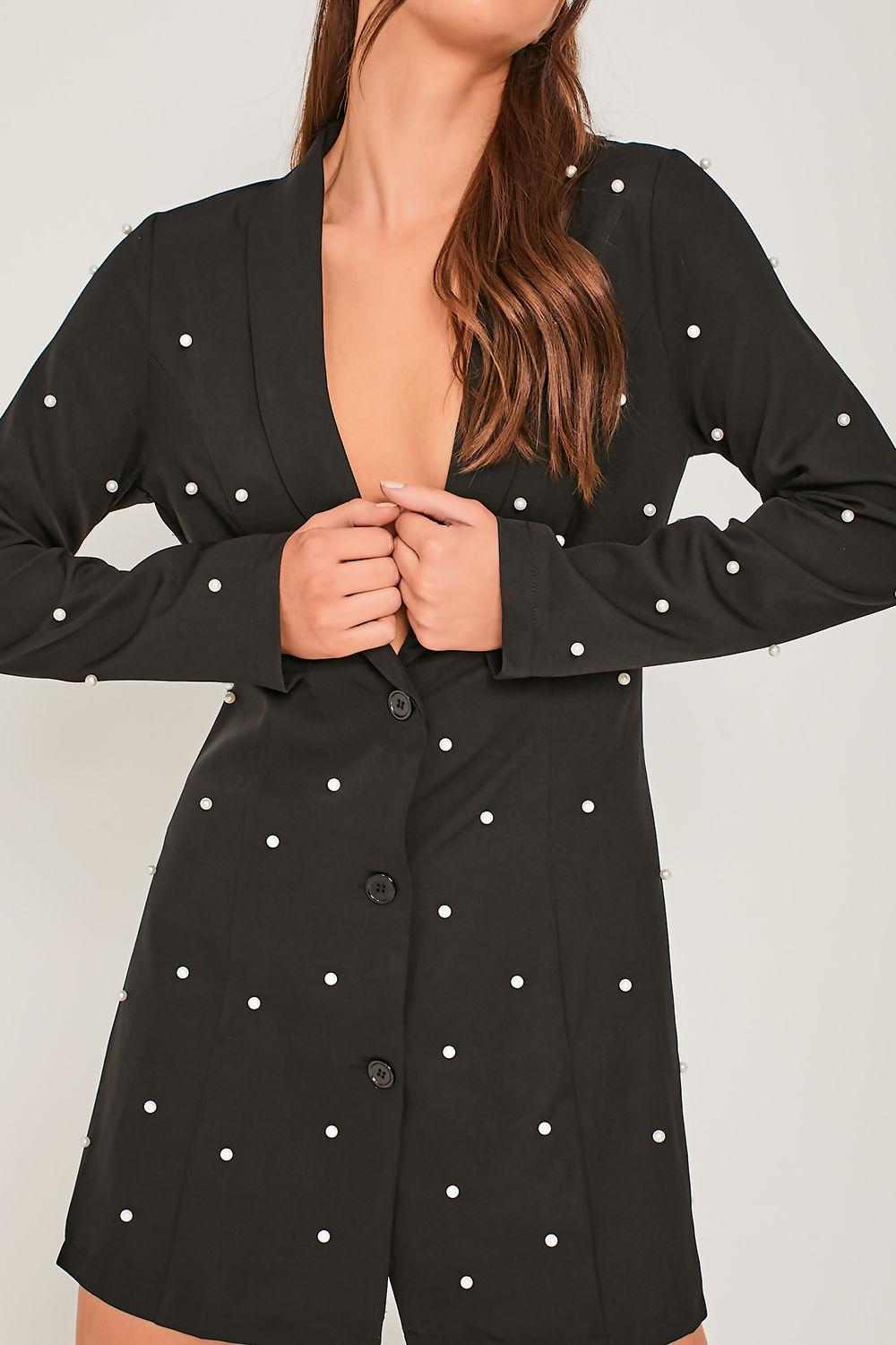 Saint Genies Selena Black Pearl Embellished Tuxedo Collar Blazer Dress