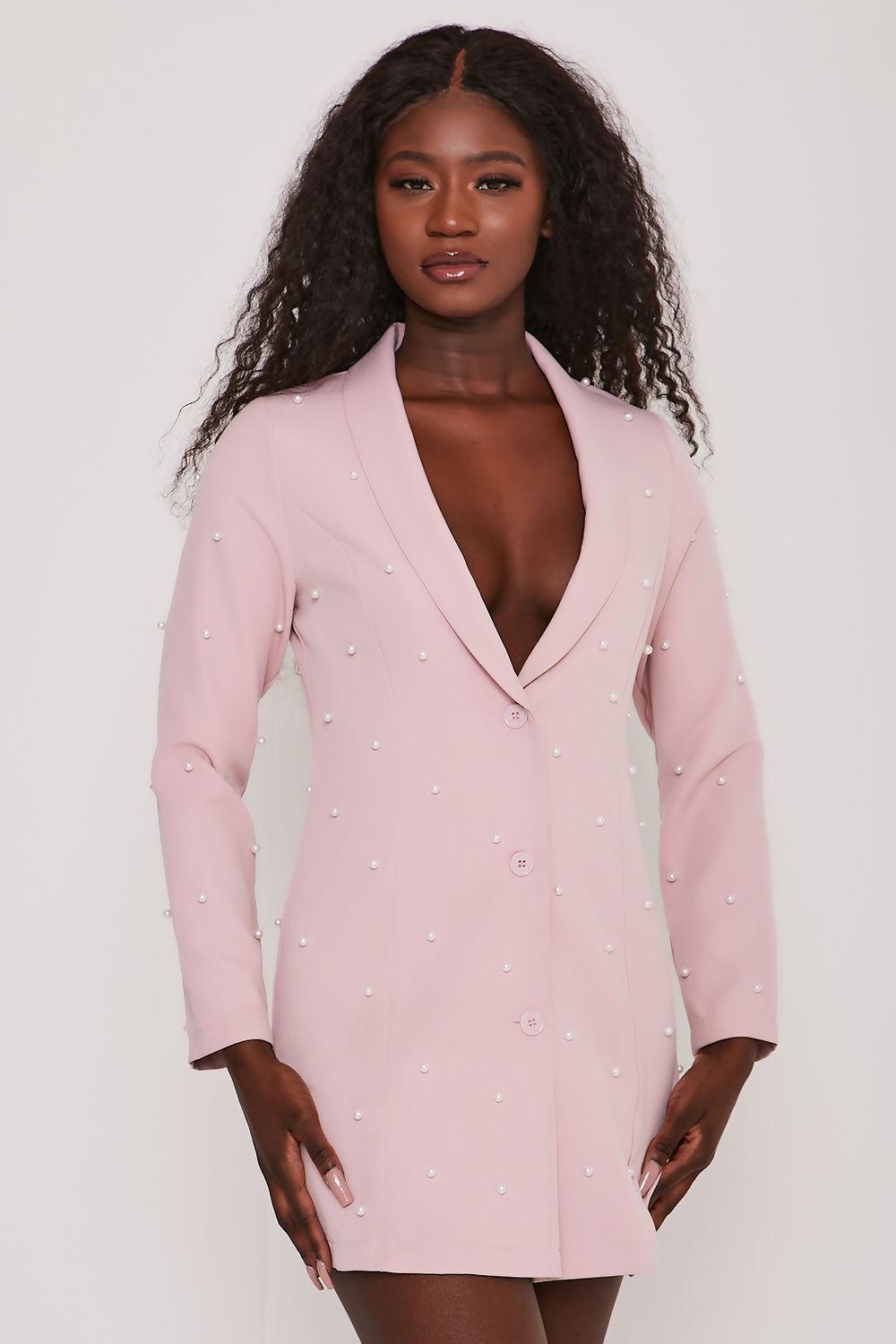 Saint Genies Selena Blush Pink Pearl Embellished Tuxedo Collar Blazer Dress