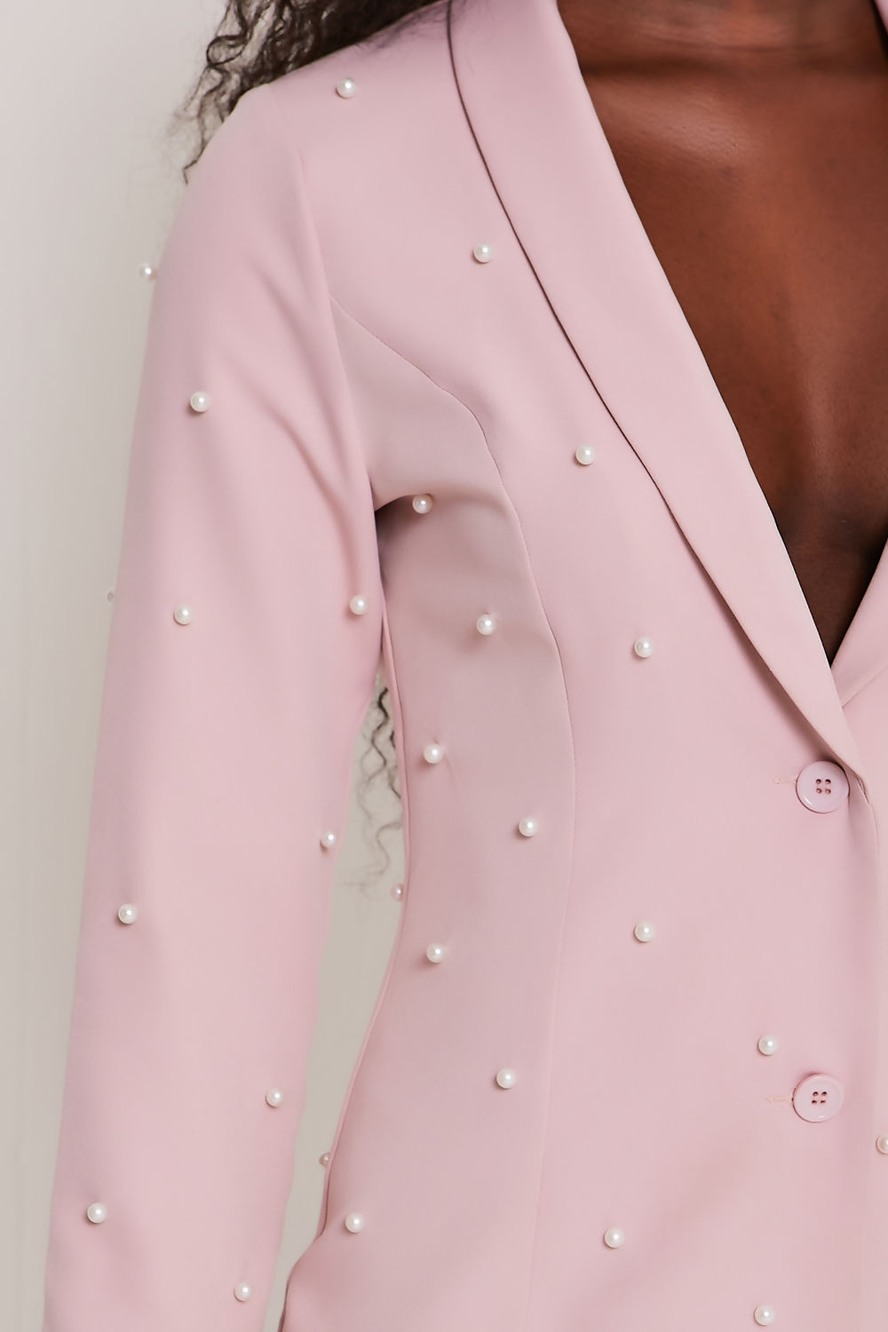 Saint Genies Selena Blush Pink Pearl Embellished Tuxedo Collar Blazer Dress