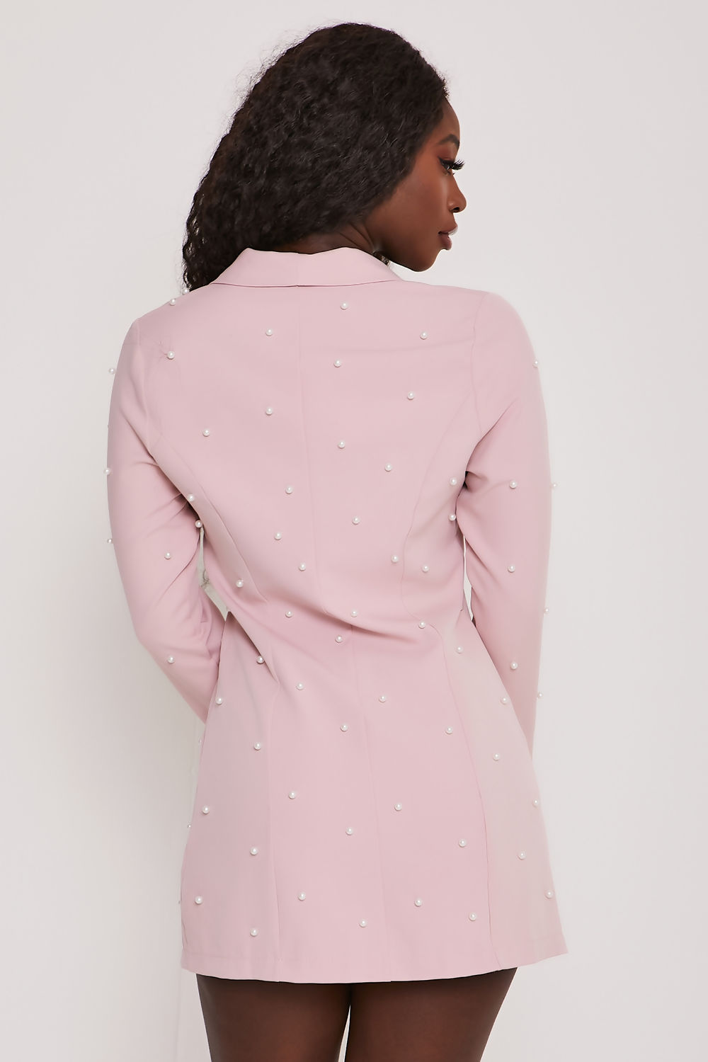 Saint Genies Selena Blush Pink Pearl Embellished Tuxedo Collar Blazer Dress