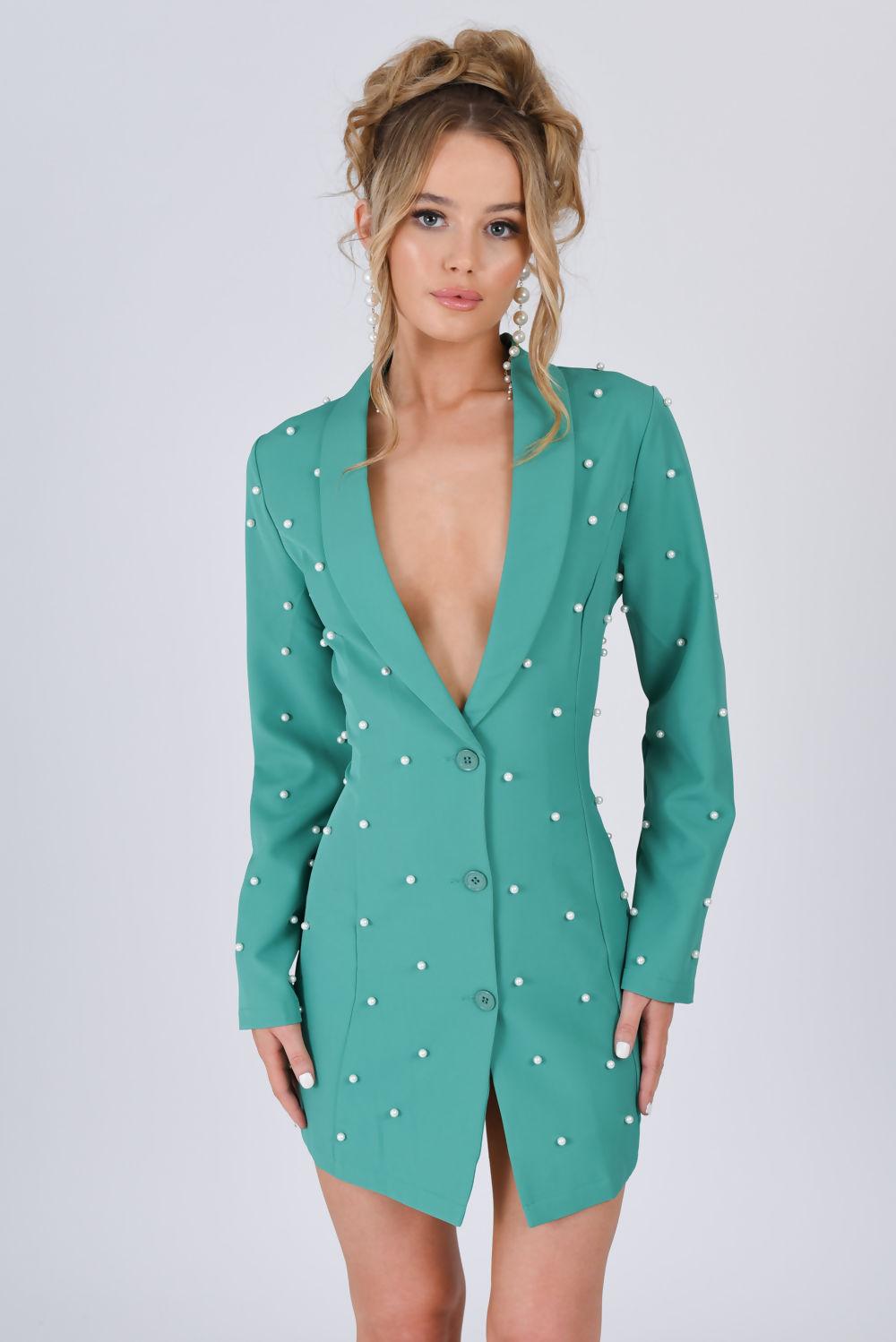 Saint Genies Selena Green Pearl Embellished Tuxedo Collar Blazer Dress