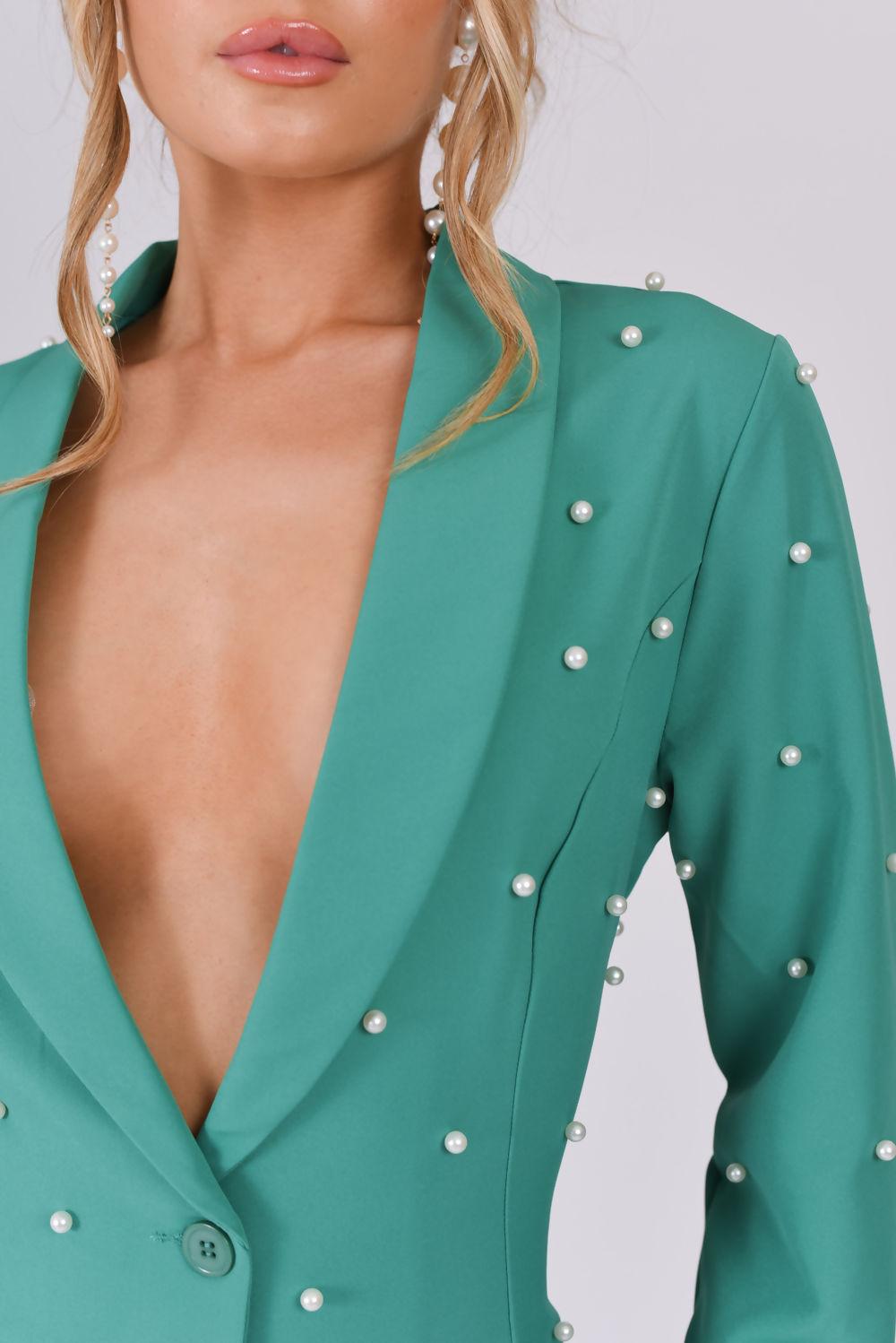 Saint Genies Selena Green Pearl Embellished Tuxedo Collar Blazer Dress