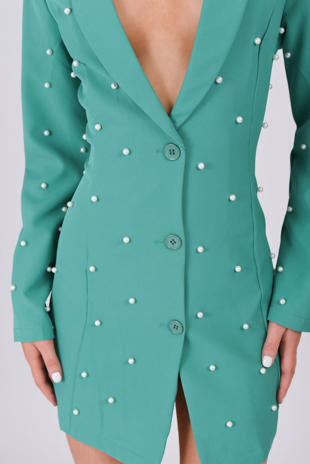 Saint Genies Selena Green Pearl Embellished Tuxedo Collar Blazer Dress