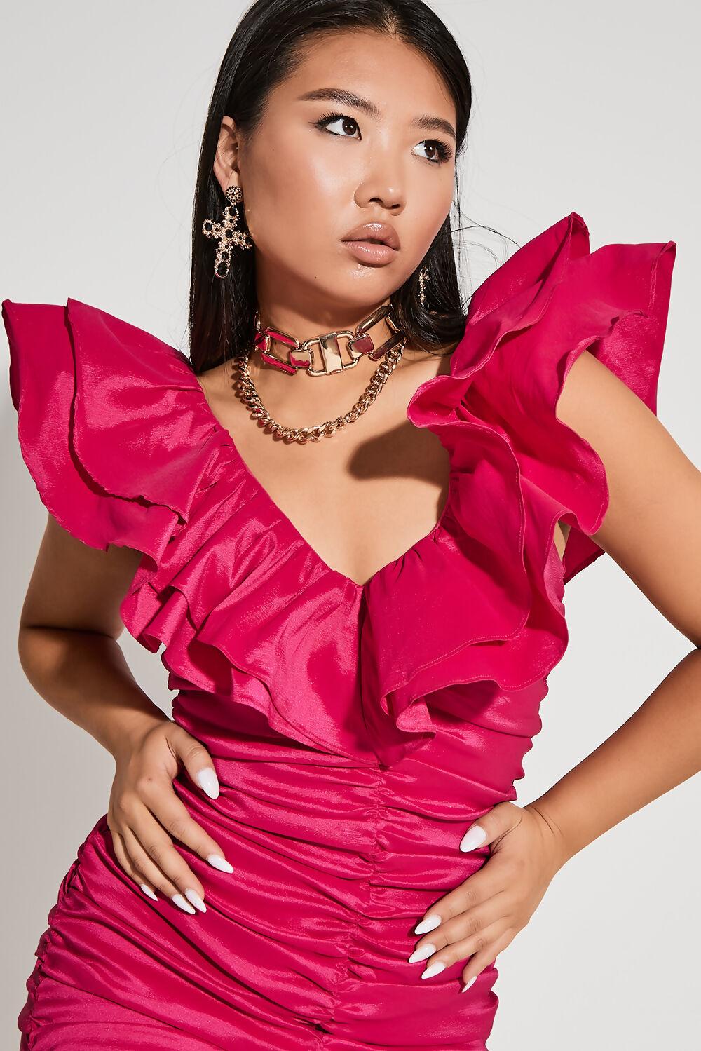 Saint Genies Serifina Pink V-Neck Frill Ruched Mini Dress