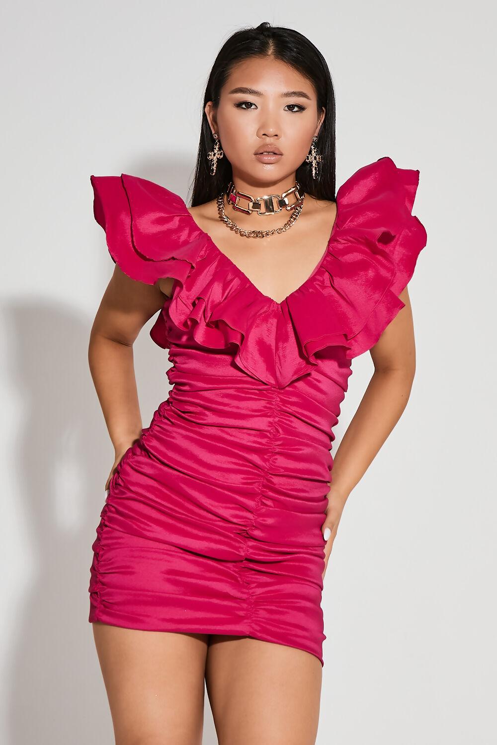 saint genies Serifina Pink V-Neck Frill Ruched Mini Dress