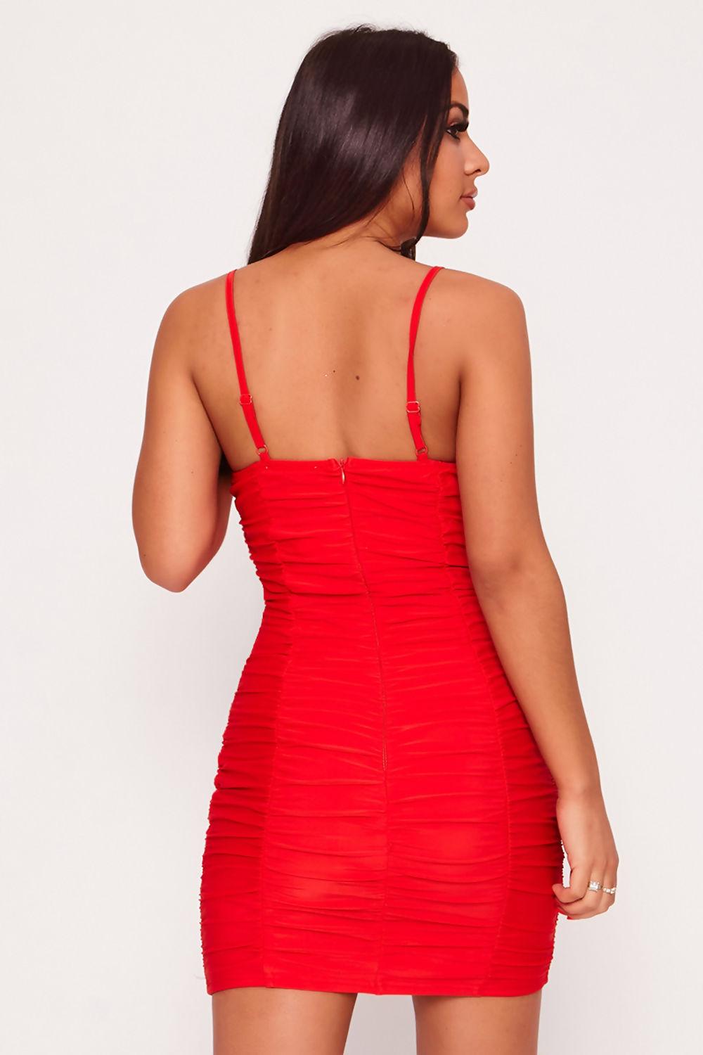 Saint Genies Sienna Red Ruched V Bar Strappy Bodycon Mini Dress