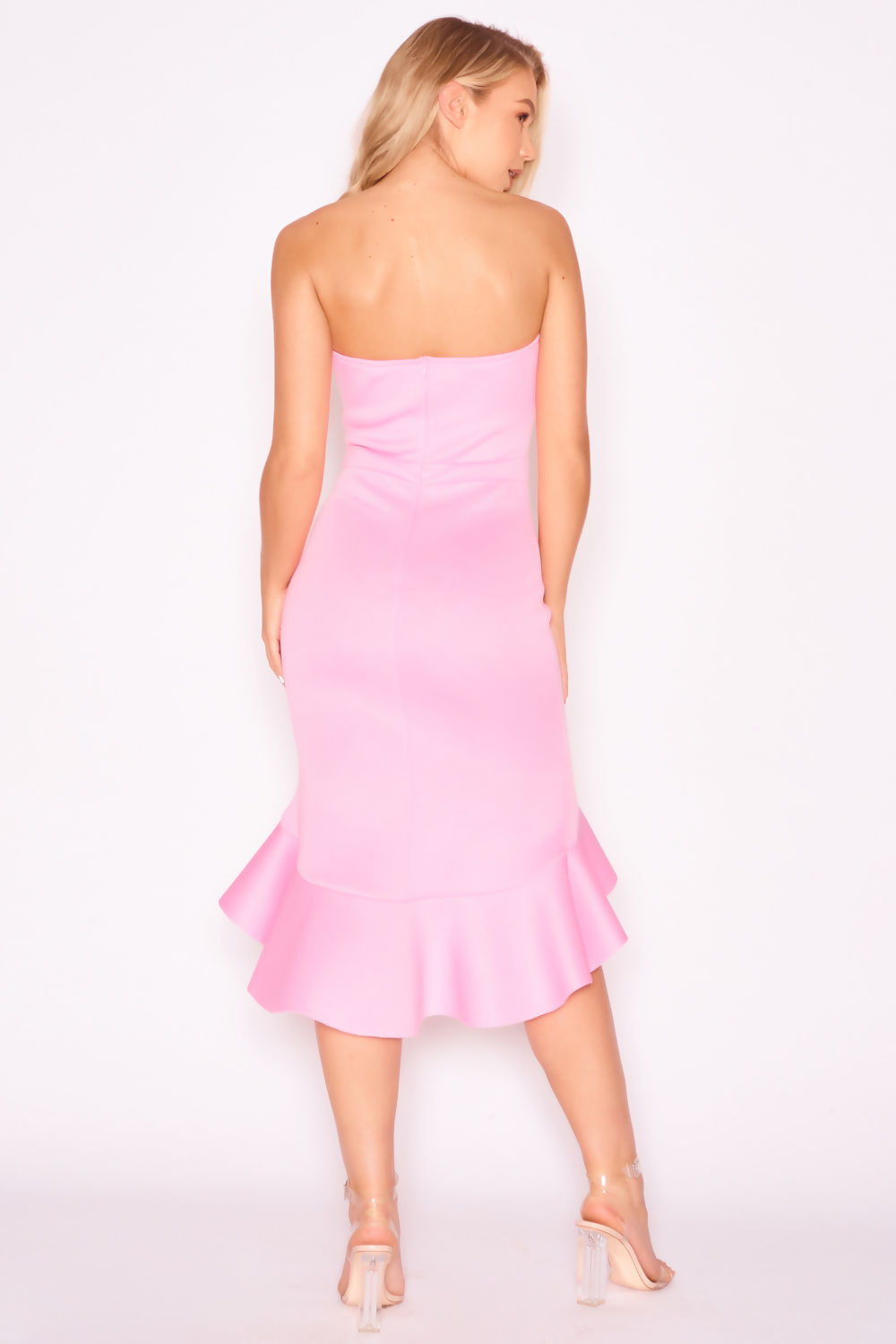 Saint Genies Skye Strapless High Low Premium Scuba Ruffle Midi Dress