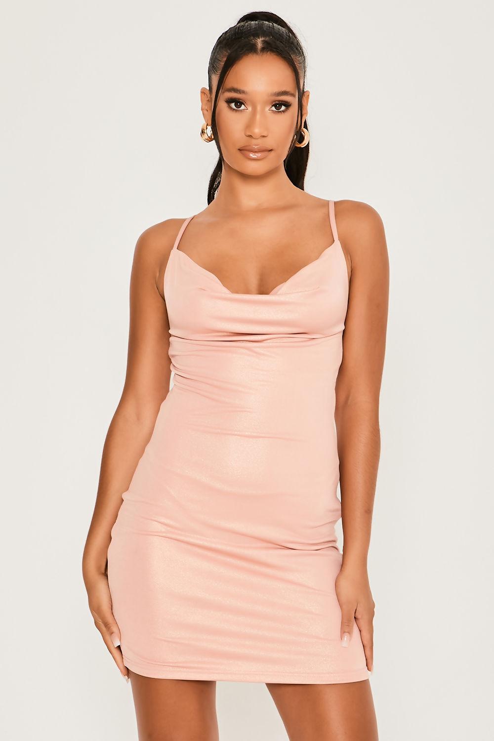 Saint Genies Sofia Pink Slinky Cowl Neck Bodycon Mini Dress
