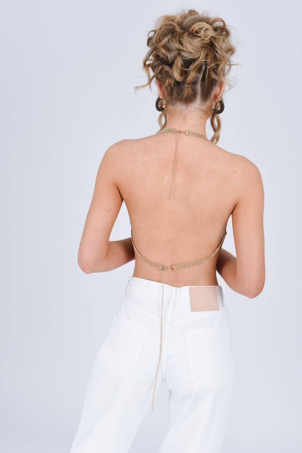 Saint Genies Summer Gold Cowl Neck Bandana Diamante Chainmail Halter Top