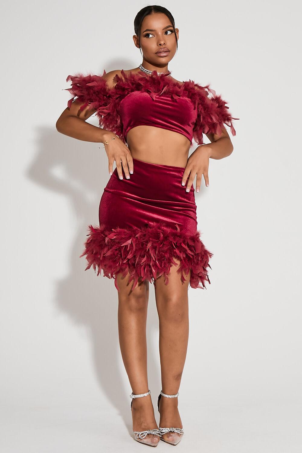 Saint Genies Sydney Red Feather Bardot Crop Top And Skirt Co-Ord