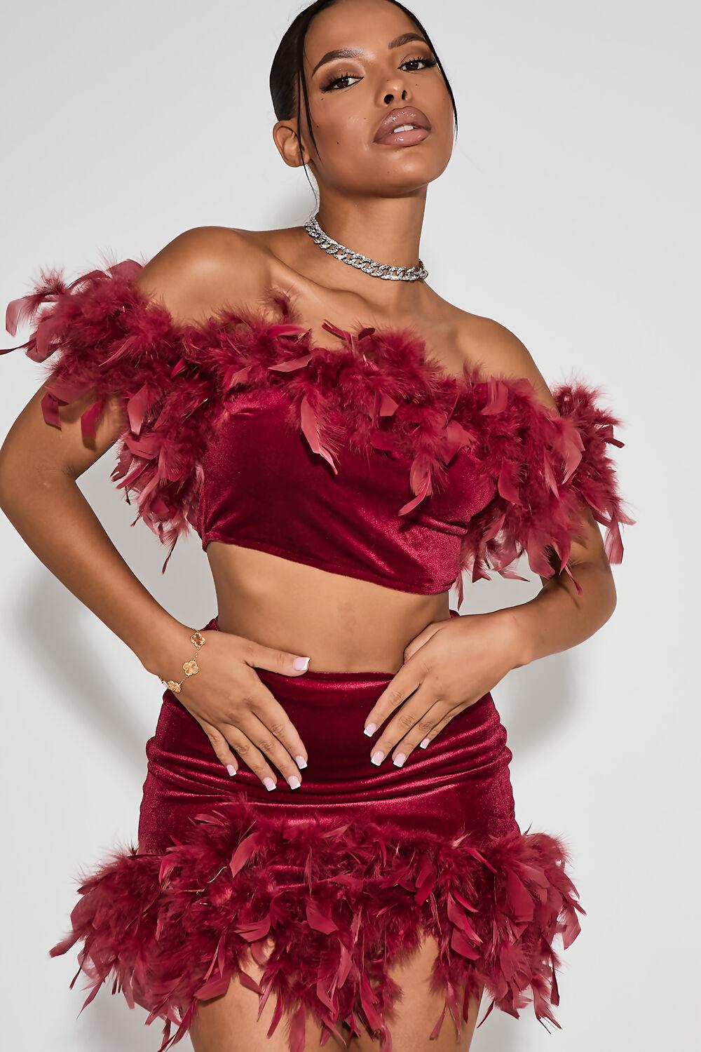Saint Genies Sydney Red Feather Bardot Crop Top And Skirt Co-Ord