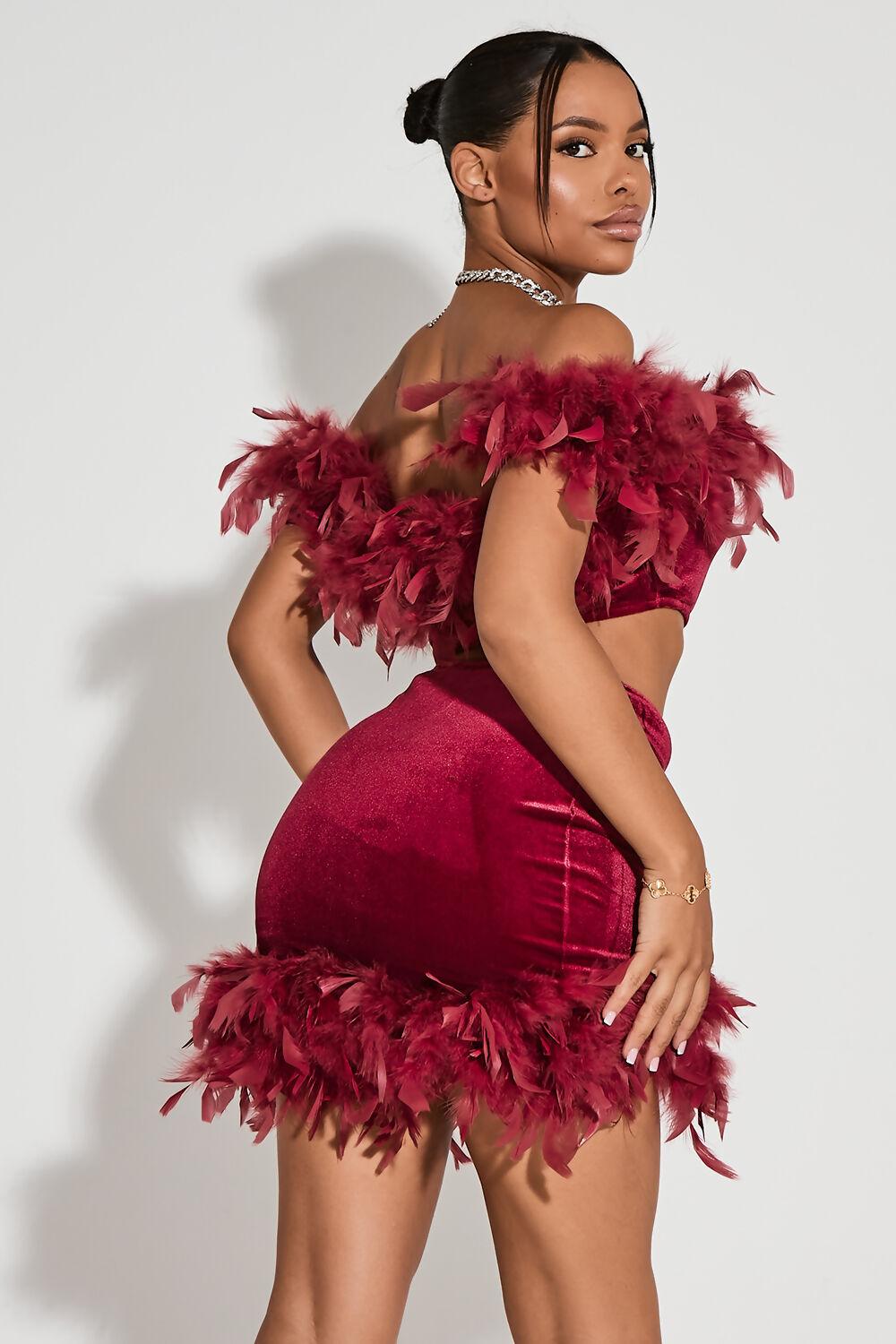 Saint Genies Sydney Red Feather Bardot Crop Top And Skirt Co-Ord