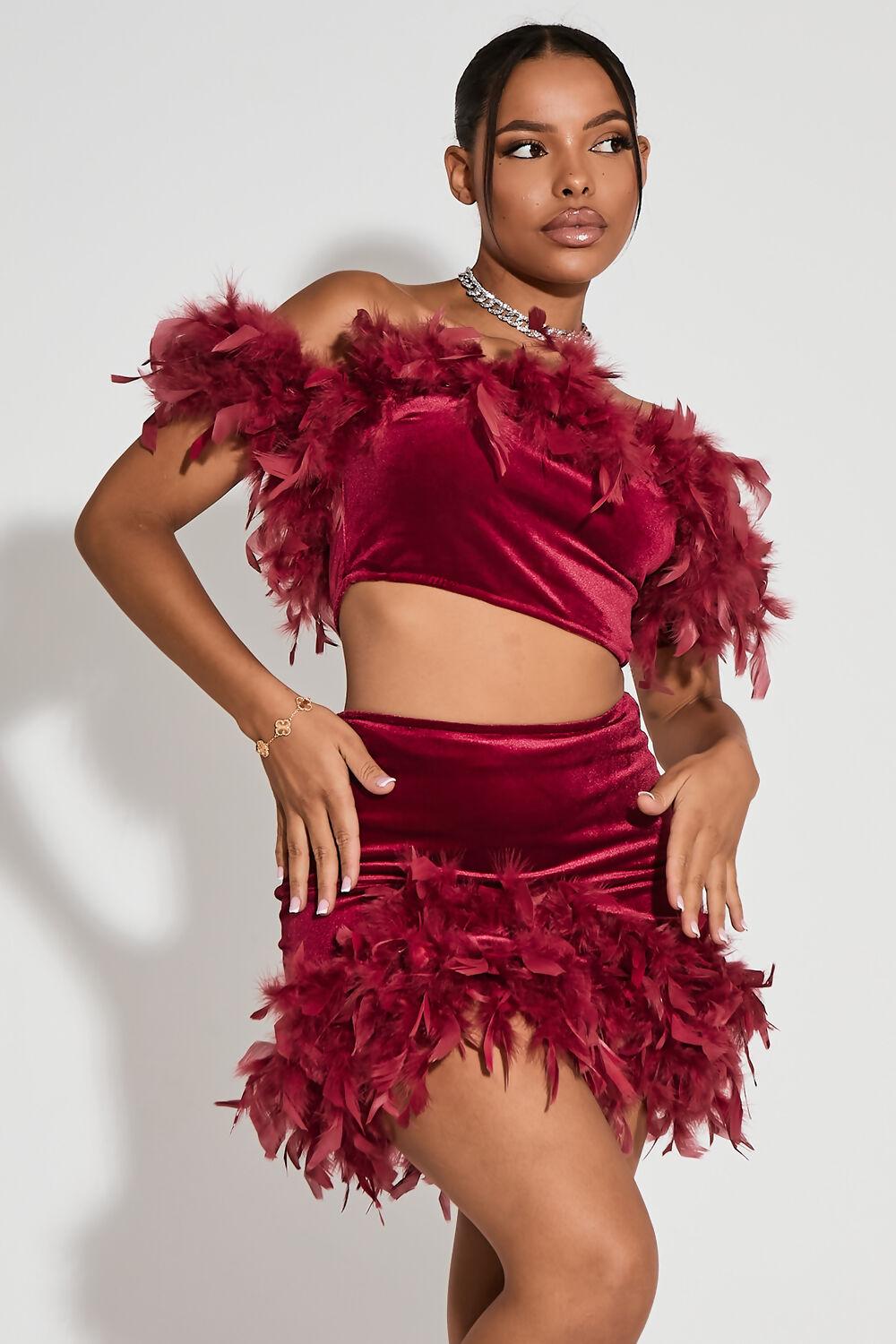 saint genies Sydney Red Feather Bardot Crop Top And Skirt Co-Ord