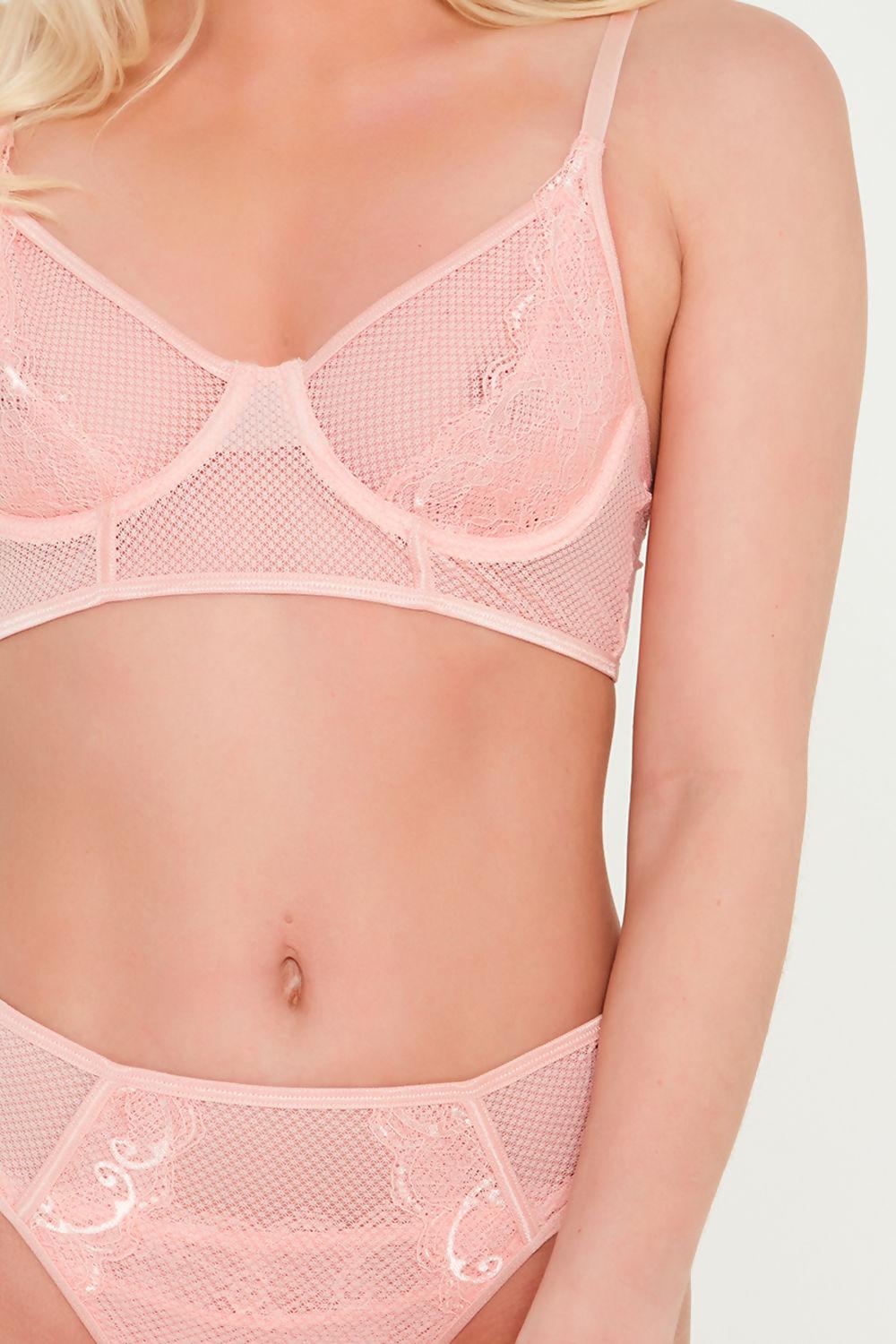 Saint Genies Tabitha Blush Lace High Leg Mesh Bra & Thong Lingerie Set