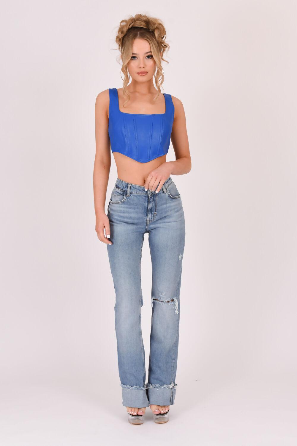 Saint Genies Talia Croc PU Square Neck Corset Top Blue