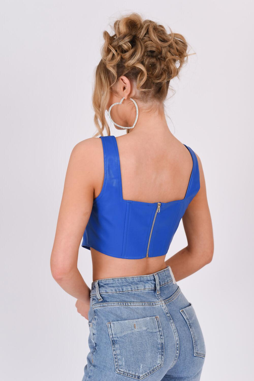 Saint Genies Talia Croc PU Square Neck Corset Top Blue