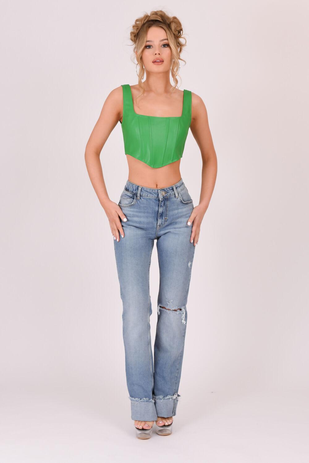 Saint Genies Talia Croc PU Square Neck Corset Top Green