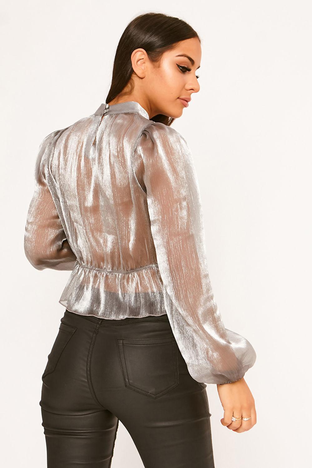 Saint Genies Tessa Silver Metallic Crinkle Organza High Neck Blouse