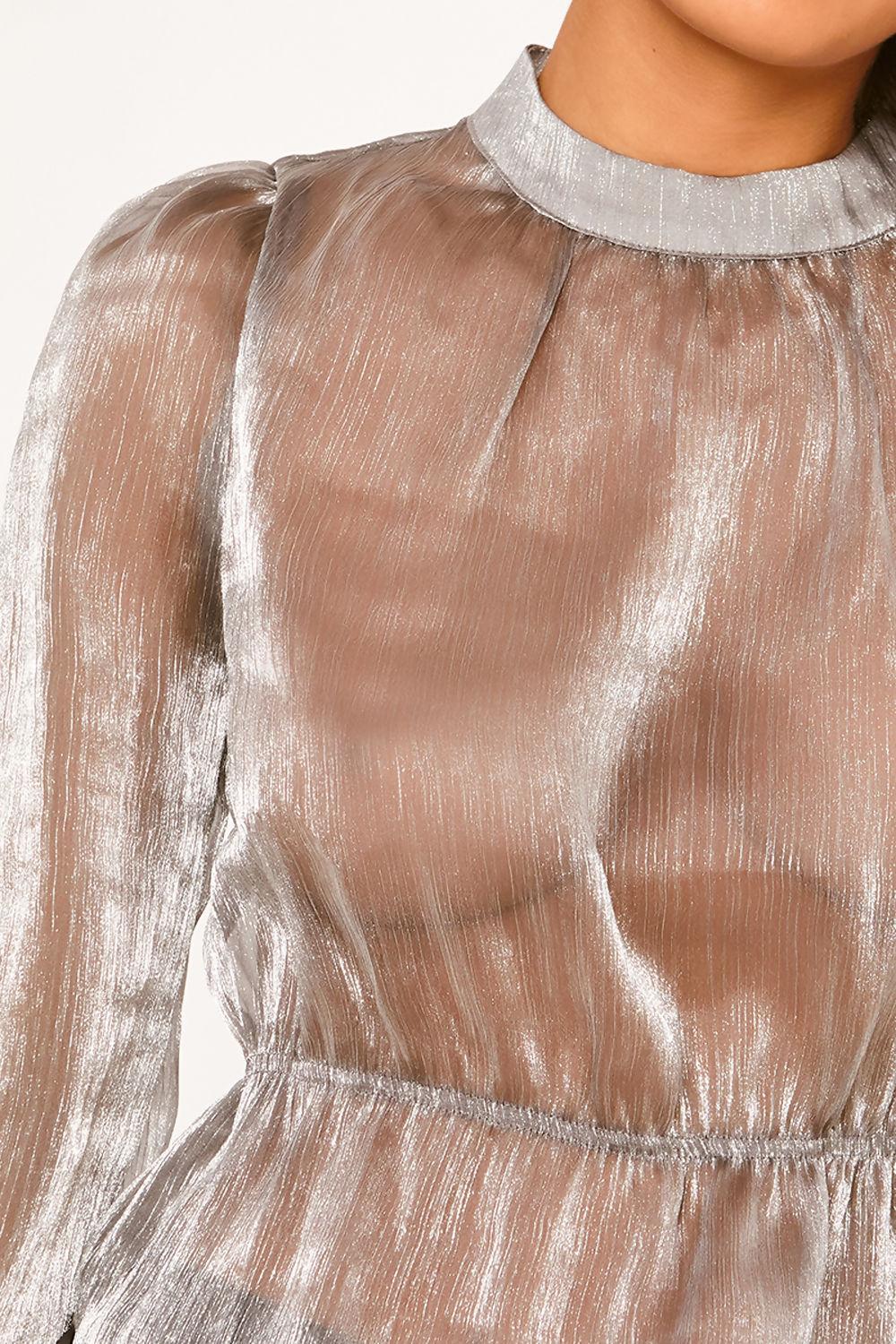 Saint Genies Tessa Silver Metallic Crinkle Organza High Neck Blouse