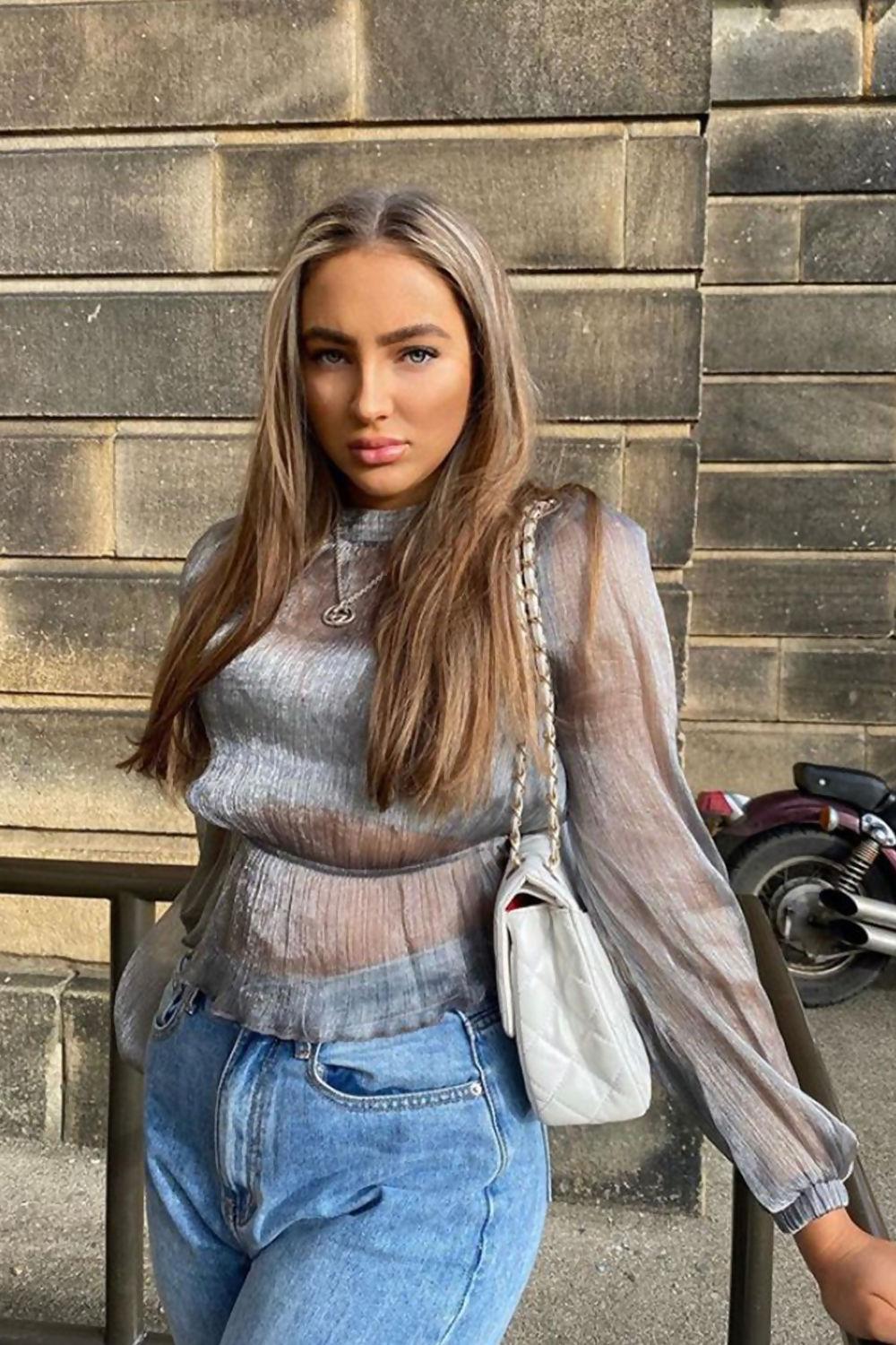 Saint Genies Tessa Silver Metallic Crinkle Organza High Neck Blouse