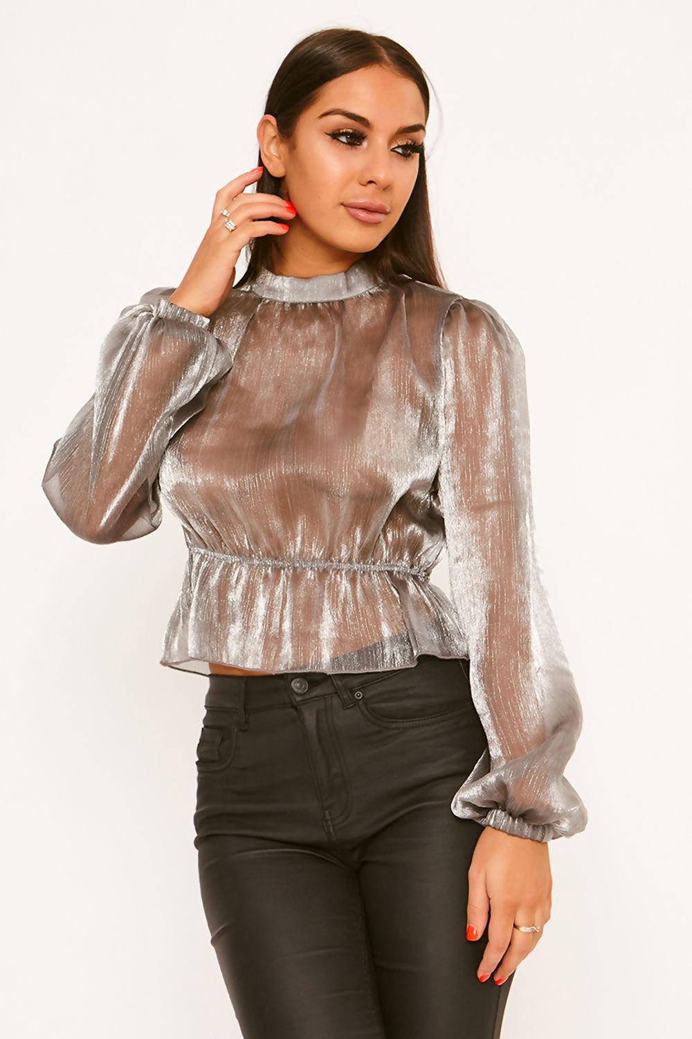 saint genies Tessa Silver Metallic Crinkle Organza High Neck Blouse