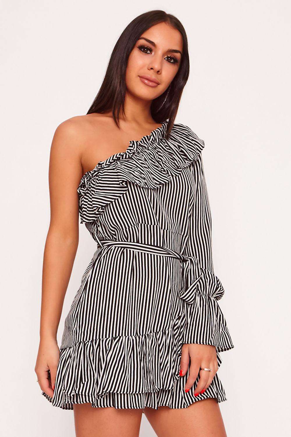 Saint Genies Thea Mono Stripe One Shoulder Ruffle Hem Mini Dress