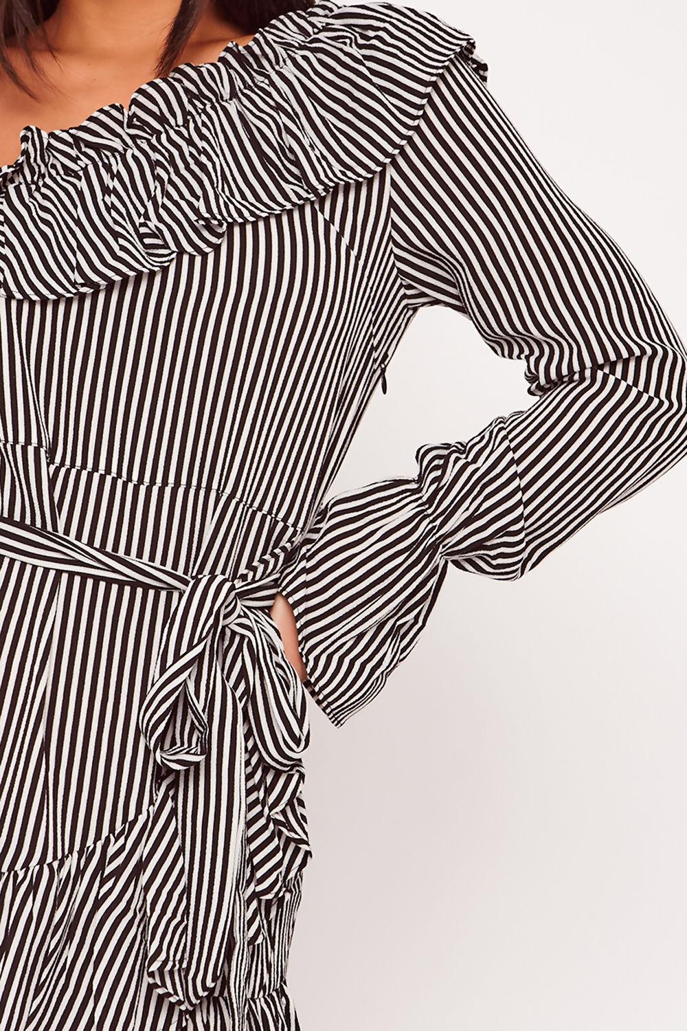 Saint Genies Thea Mono Stripe One Shoulder Ruffle Hem Mini Dress