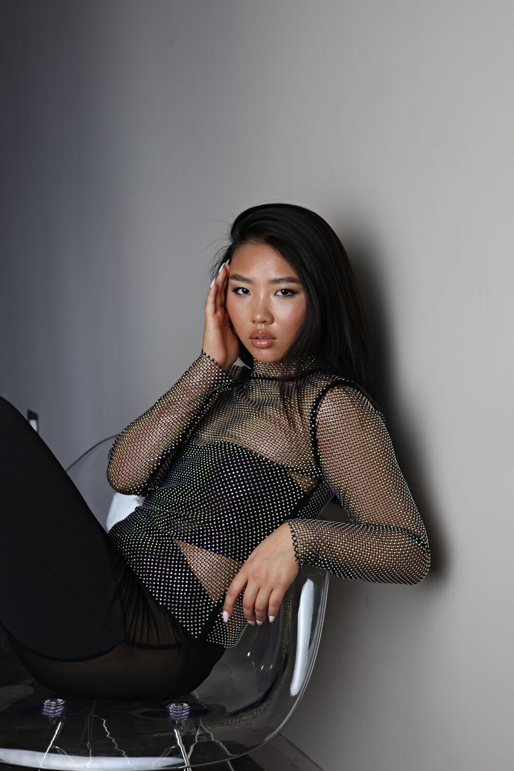 saint genies Tilly Black Diamante Mesh High Neck Top