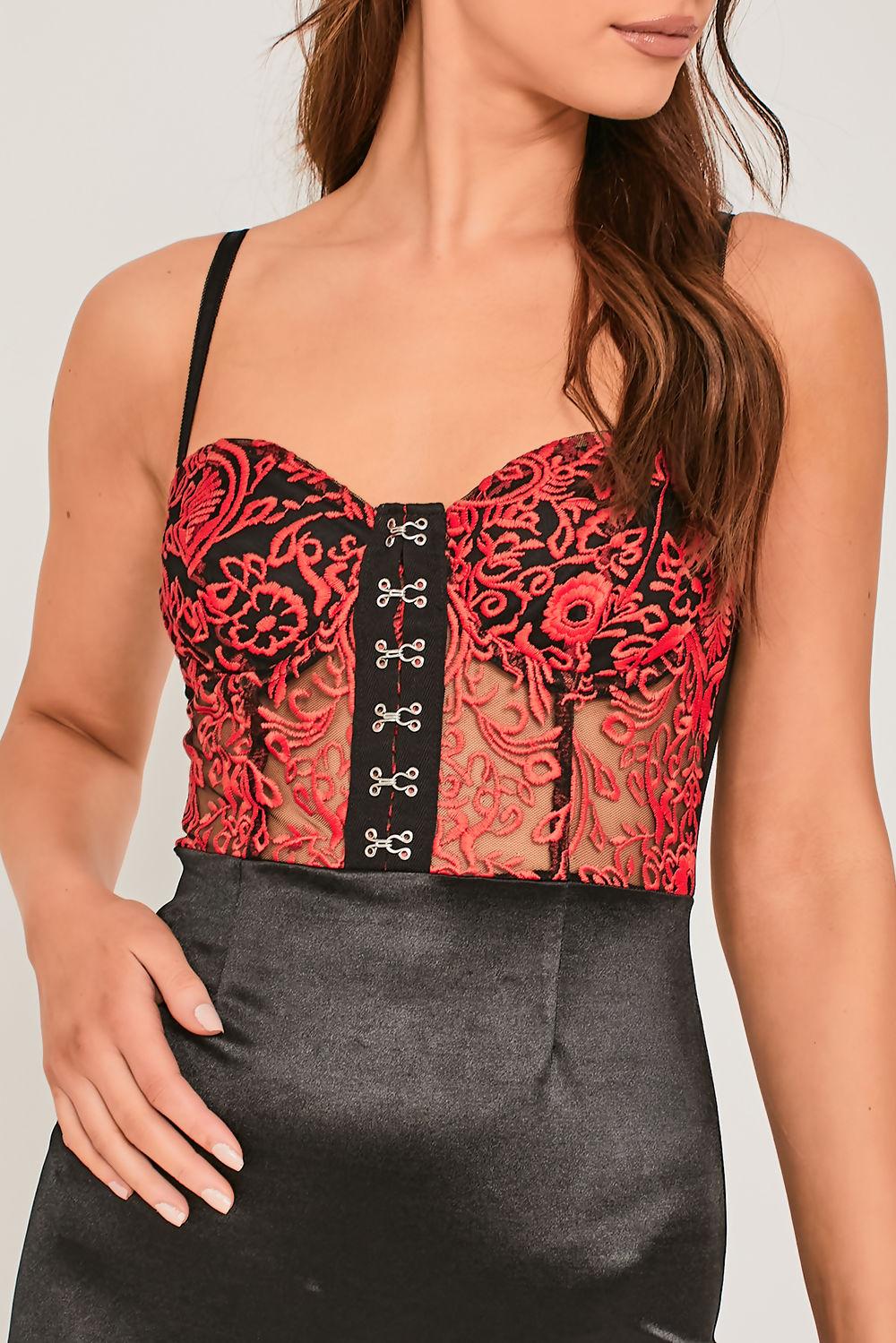 Saint Genies Verity Red Embroidered Mesh Underwired Hook And Eye Dress