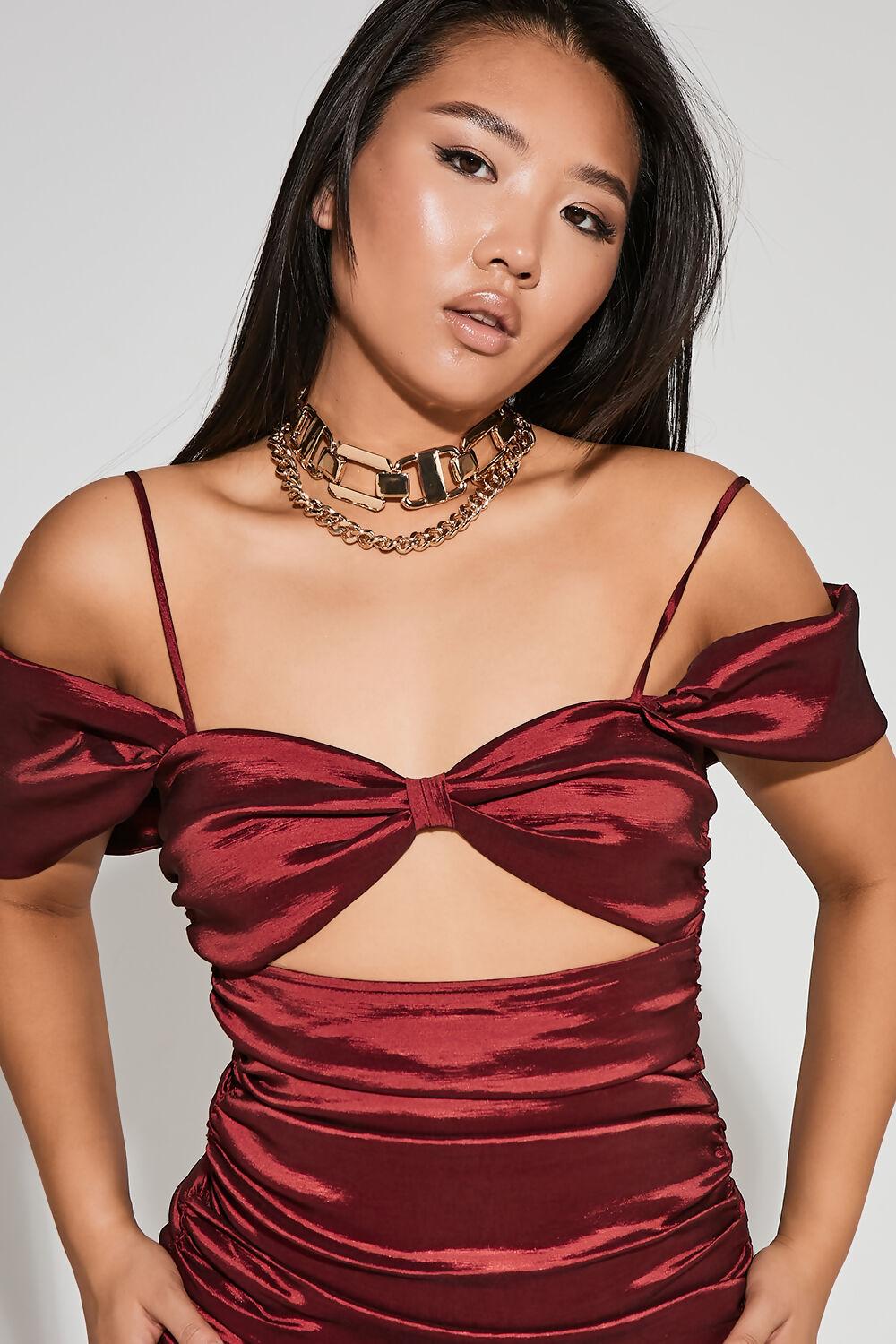 Saint Genies Violet Burgundy Satin Ruched Bardot Mini Dress