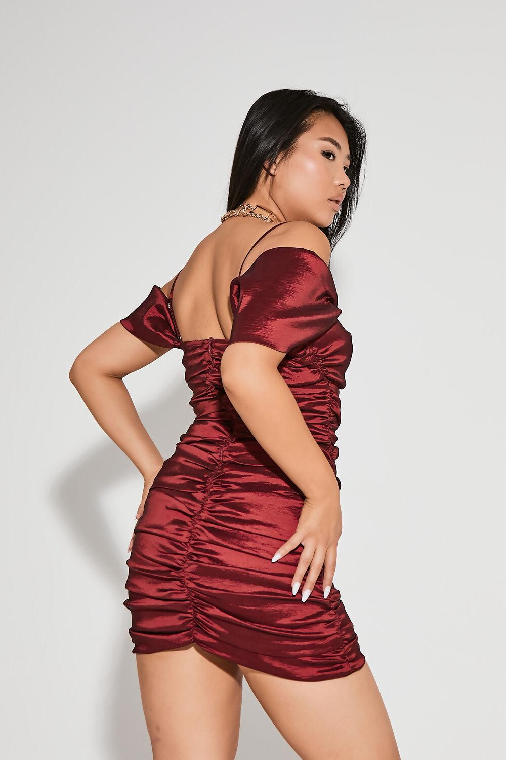 Saint Genies Violet Burgundy Satin Ruched Bardot Mini Dress